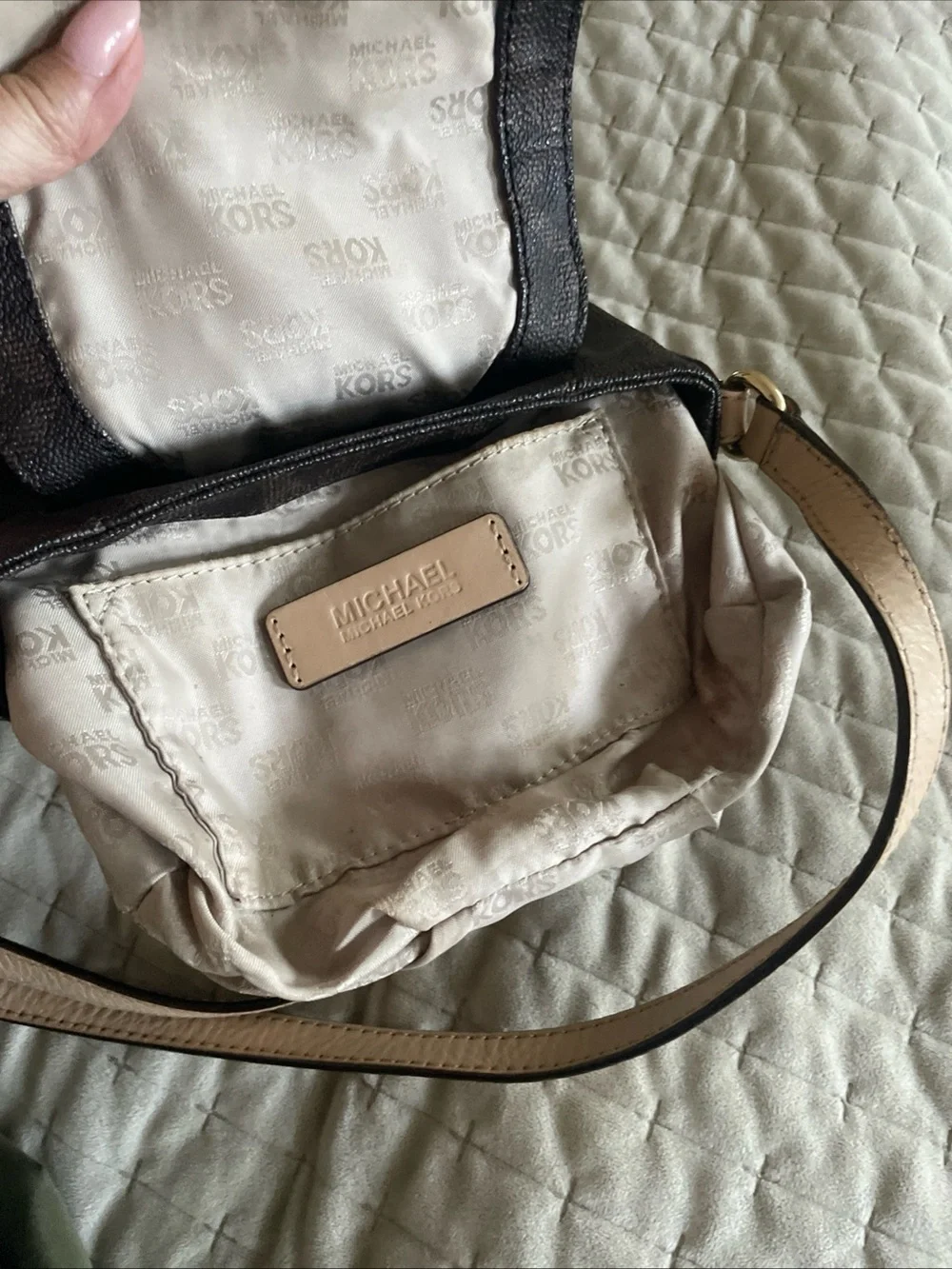 Michael Kors Brown Logo Crossbody with Pale tan Strap and Gold Plaque
